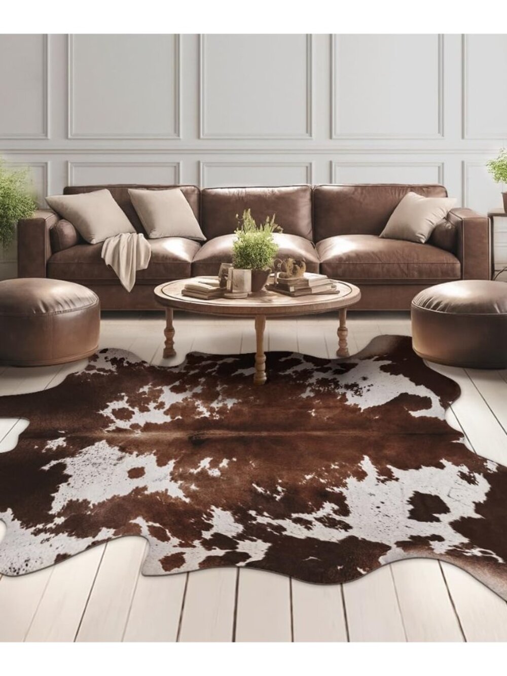 Faux Cowhide Cow Print Rug, Animal Hide Western Decor, 4.6 x 5.2 Feet
